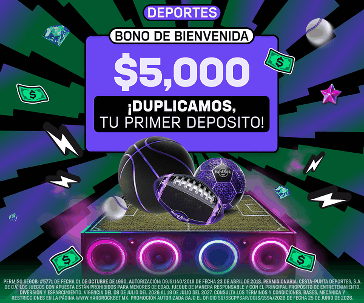 Hard Rock Bet México - Bono de bienvenida: 100% en tu primer depósito, hasta $5,000 MXN. Rollover 8x, cuota mínima 1.50, válido 7 días. Aplican términos. Solo mayores de 18 años.